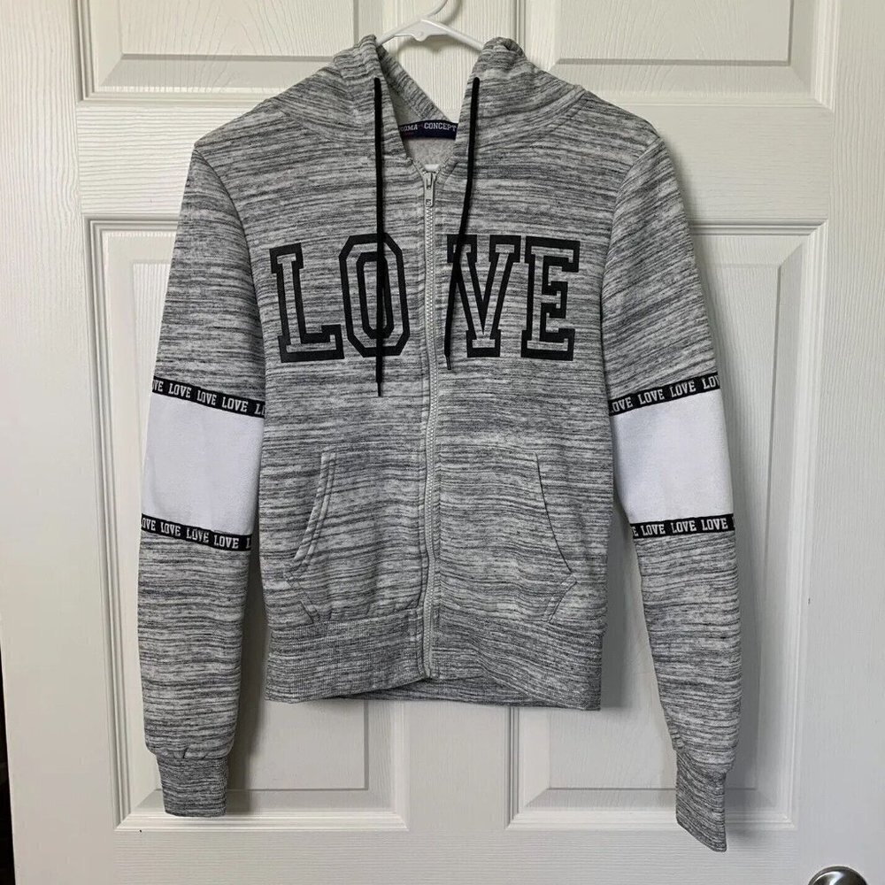 Love Women’s Small Gray Sweatshirt Hoodie Full Zip Long Sleeve
